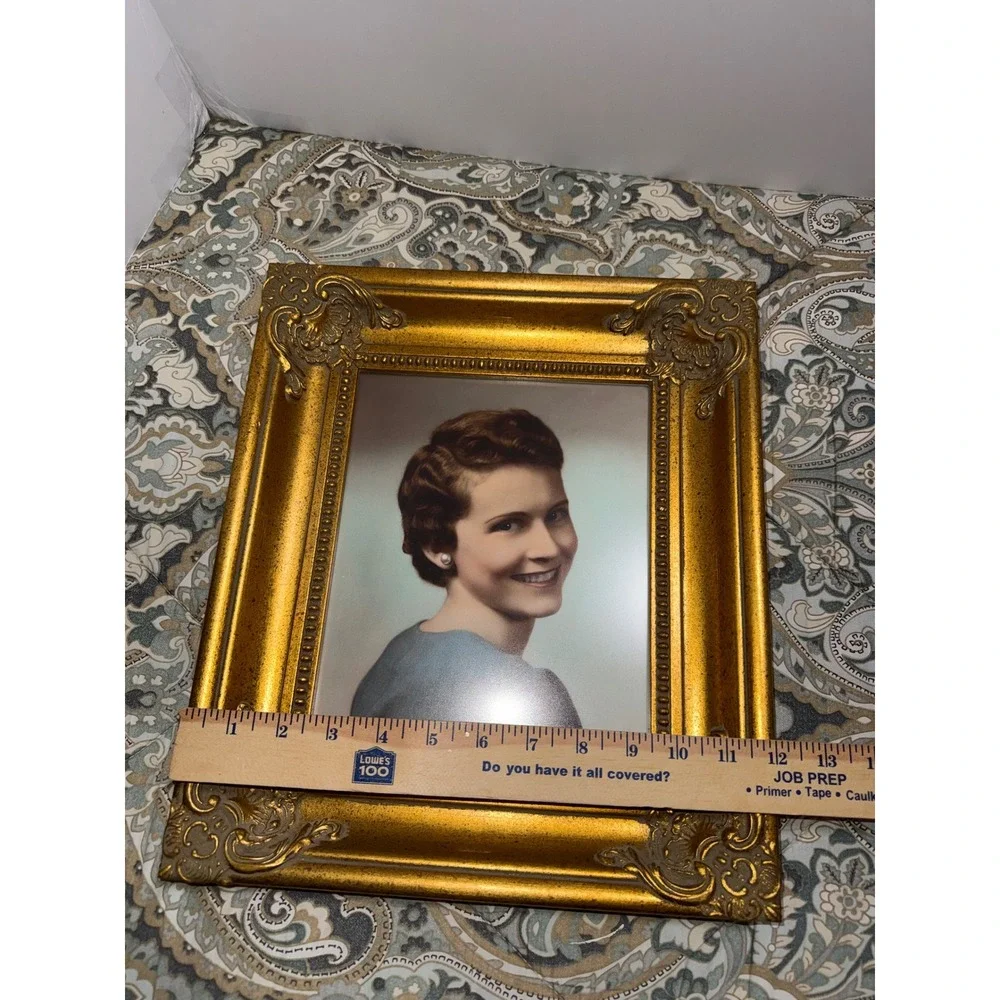 Vintage Ornate Gold Picture Frame Mid Century Hand Colored Portrait 15.5x13.5